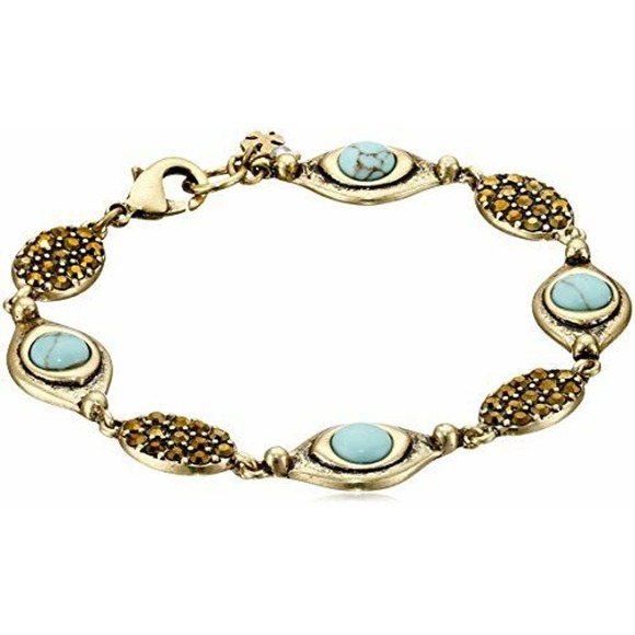 LUCKY BRAND Turquoise with Crystals Oval Link Goldtone Bracelet 8" NEW - Picture 1 of 2